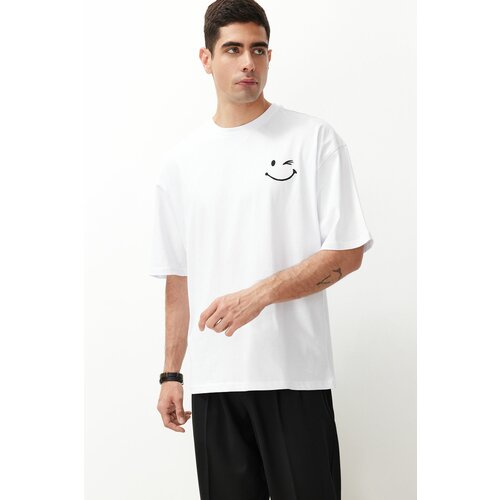 Trendyol White Oversize/Wide Cut Embroidered 100% Cotton T-Shirt Cene