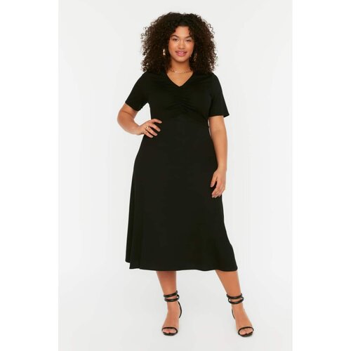Trendyol Curve Black V Neck Pleated Knitted Dress Slike