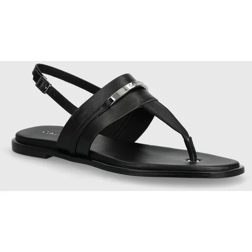 Calvin Klein Usnjeni sandali FLAT TP SANDAL METAL BAR LTH ženski, črna barva, HW0HW02031