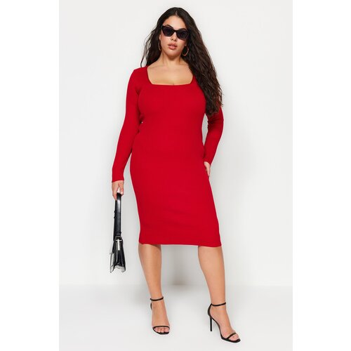 Trendyol Curve Red Square Neck Fitted Knitwear Dress Slike