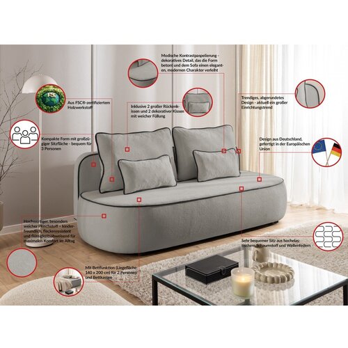 Ropez Crna/siva bar&amp;scaron;unasti sklopiva/s prostorom za odlaganje sofa 210 cm Saga &amp;ndash; Slike