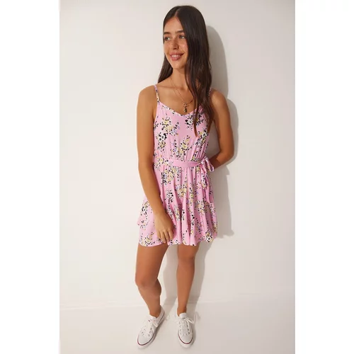 Happiness İstanbul Women's Pink Patterned Viscose Flare Strap Dress