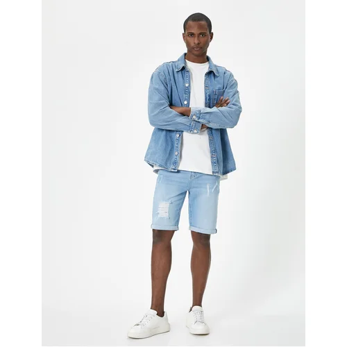 Koton Ripped Denim Shorts Slim Fit Fold Detailed Buttoned Pocket