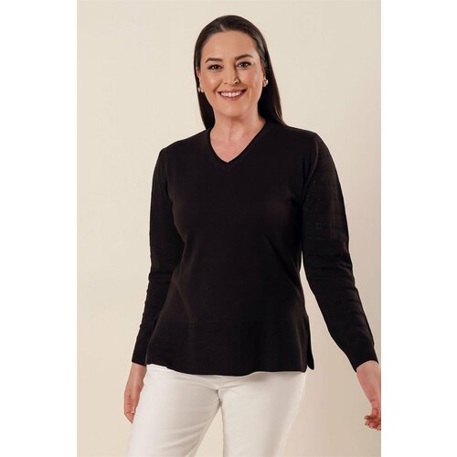 By Saygı V-Neck With Sleeves Patterned Slits in the Sides Plus Size Acrylic Sweater Black Cene