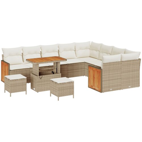 VidaXL Set od 12 Dijelova Vrtni Sofa Set s Jastučićima Bež Poli Ratan Akacija, 3 Dijelni Vrtni Set sa Jastučićima Bež Poli Ratan Akacija, Dvosjed Vrtni Sofa s Jastučićima Bež Poli Ratan Slike