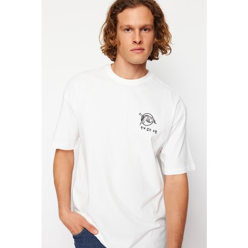 Trendyol Ecru Oversize/Wide Cut Headlight East Printed Short Sleeve 100% Cotton T-Shirt Slike