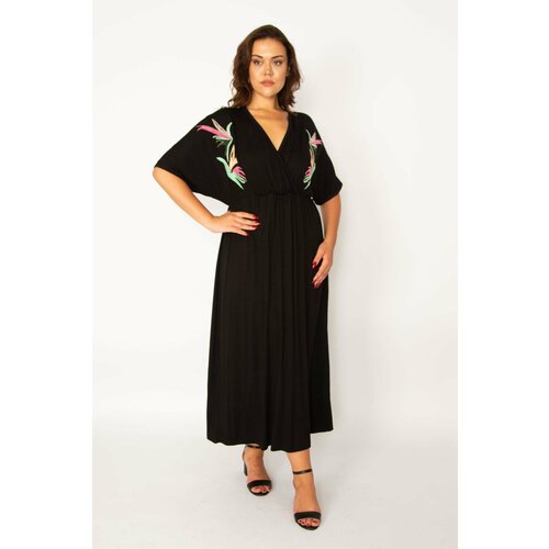 Şans Women's Plus Size Black Wrapover Neck Elastic Waist And Embroidery Detailed Dress Slike