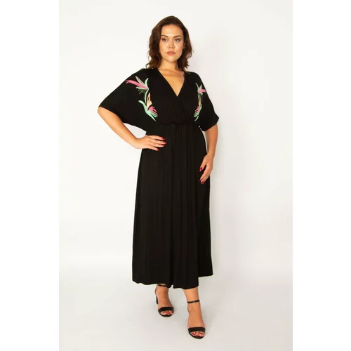 Şans Women's Plus Size Black Wrapover Neck Elastic Waist And Embroidery Detailed Dress