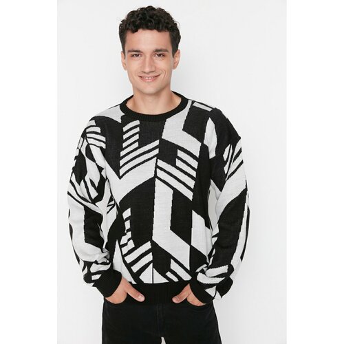 Trendyol Black Men Regular Fit Geometric Patterned Crew Neck Knitwear Sweater Cene