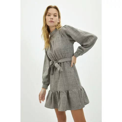 Trendyol Gray Belted Plaid Woven Dress
