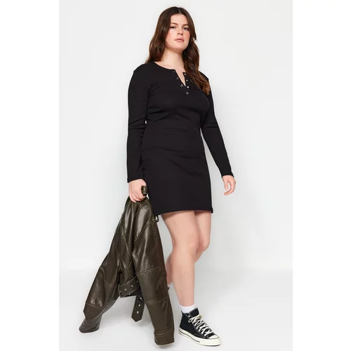 Trendyol Curve Black Collar Snap-On Ribbed Knitted Dress