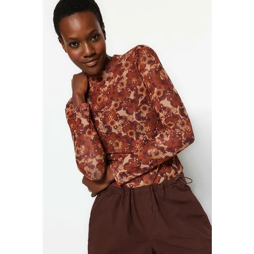 Trendyol Brown Stand-Up Collar Printed Tulle Knitted Fitted/Simple Blouse