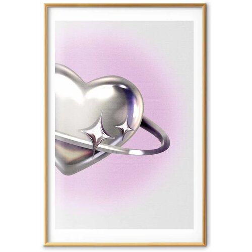  Plakat Cosmic Heart - silver heart with a ring on a purple background 60x90 Zlatni okvir s margom Slike