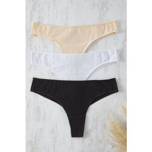 Trendyol Black-White-Skin 3-Pack Micro Laser Cut Plain Thong Panties Cene