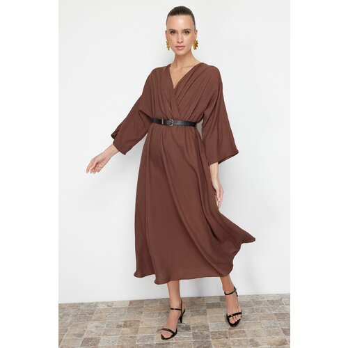 Trendyol Brown Belted A-line Double Breasted Collar Aerobin Midi Woven Dress Cene