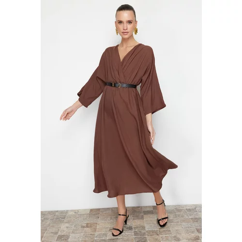 Trendyol Brown Belted A-line Double Breasted Collar Aerobin Midi Woven Dress