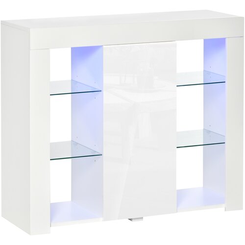 HOMCOM Moderna bočna omara z vrati z LED-lučmi in steklenimi policami, večnamenska lesena omara s polirano površino, 97x35x83cm, bela, (20754065) Cene