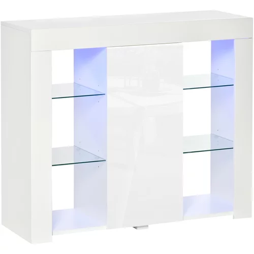 HOMCOM Moderna bočna omara z vrati z LED-lučmi in steklenimi policami, večnamenska lesena omara s polirano površino, 97x35x83cm, bela, (20754065)