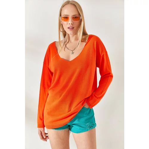 Olalook Orange V-Neck Loose Knitwear Blouse