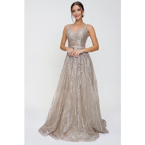 By Saygı Glittery Ghost and Tulle Princess Evening Dress Gold Cene