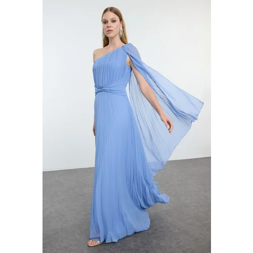 Trendyol Blue A-Cut Pleated Long Evening Dress