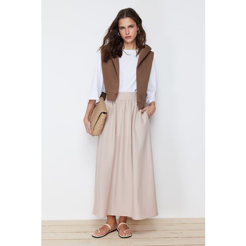 Trendyol Beige Plain Flared Woven Skirt Slike
