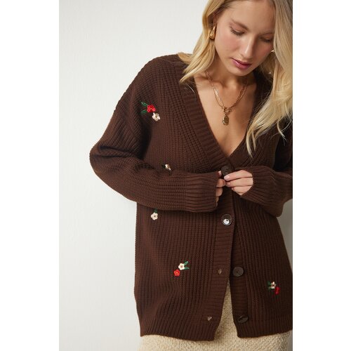 Happiness İstanbul Women's Brown Floral Embroidered One Button Knitwear Cardigan Slike
