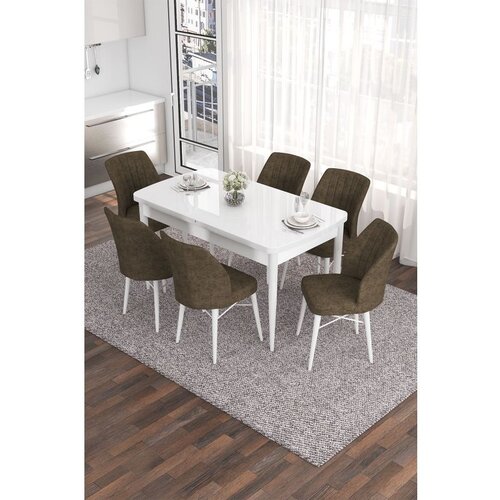 Hanah home Eva - White, Brown WhiteBrown Extendable Dining Table & Chairs Set (7 Pieces) Cene