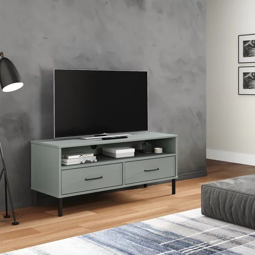 vidaXL TV omarica s kovinskimi nogami siva trdna borovina OSLO