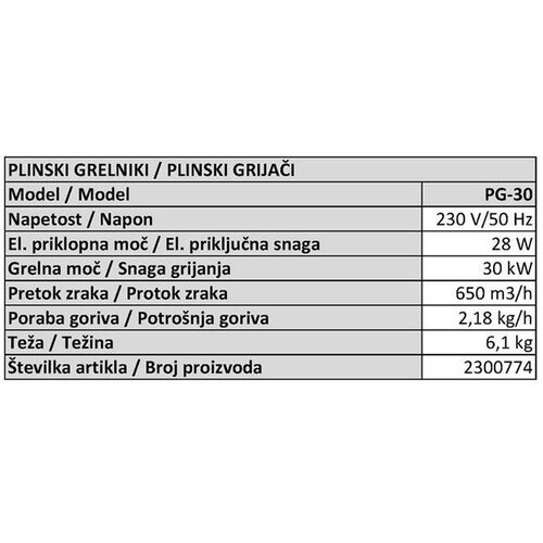  Plinski grelnik Proair PG30 (30.000 W, pretok zraka: 650 m3/h) Slike