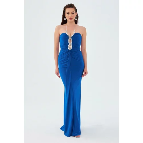Carmen Saxe Blue Sandy Collar Stone Long Evening Dress
