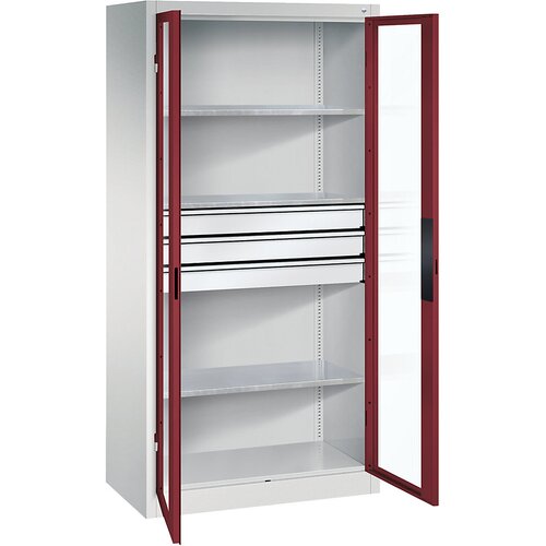 C+P Omara s krilnimi vrati z akrilnim steklom, VxŠxG 1950 x 930 x 500 mm, 3 police, 3 predali, svetlo sive / rubinasto rdeče barve Cene
