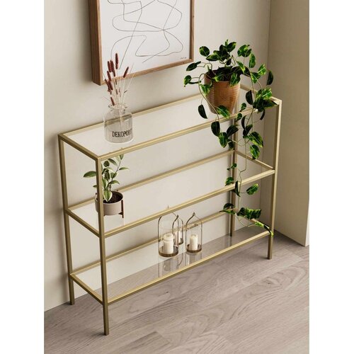 Hanah home trospratna metalna konzola sa staklenim policama 100 &amp;times; 85 &amp;times; 30 cm, zlatni ram, providno staklo Slike