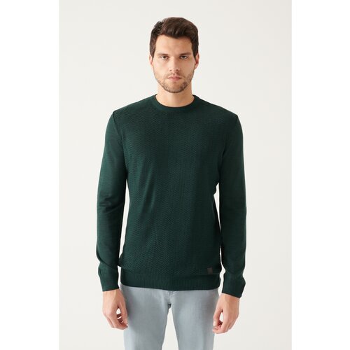 Avva Men's Green Crew Neck Herringbone Patterned Standard Fit Regular Cut Knitwear Sweater Cene