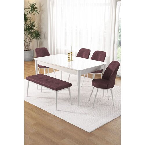 Hanah home trpezarijski set Pir, sto, 4 stolice i klupa, bela ploča, puder roze tkanina Babyface Cene