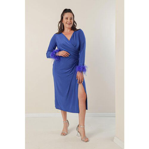 By Saygı Plus Size Dress With Double Breasted Collar, Lined Sleeves and Pile Lycra. Slike