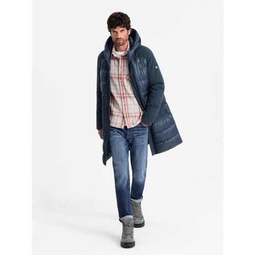 Ombre Men's quilted long jacket with large pockets - navy blue Cijene