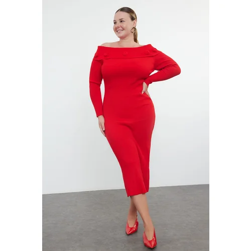 Trendyol Curve Red Ribbed Carmen Collar Rose Detailed Knitwear Dress