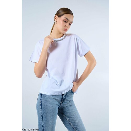Laluvia White 100% Cotton Collar Stone Detailed T-shirt Slike