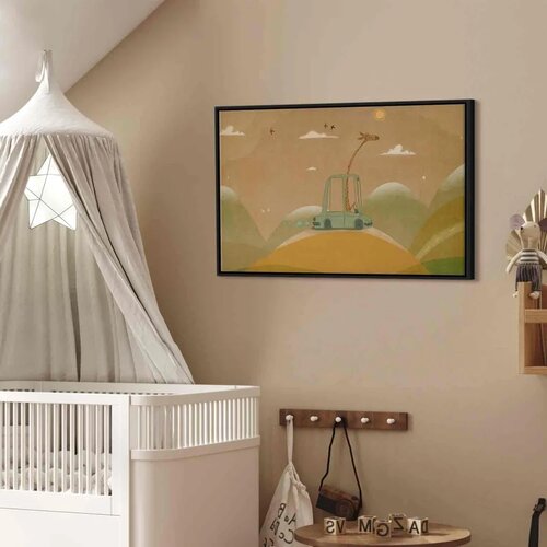  Slika - Dreamy Traveler - A Cheerful Giraffe Driving a Car on a Sunny Day 90x60 U crnom drvenom okviru Slike