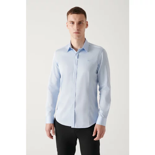 Avva Men's Blue 100% Cotton Satin Hidden Pocket Slim Fit Slim Fit Shirt