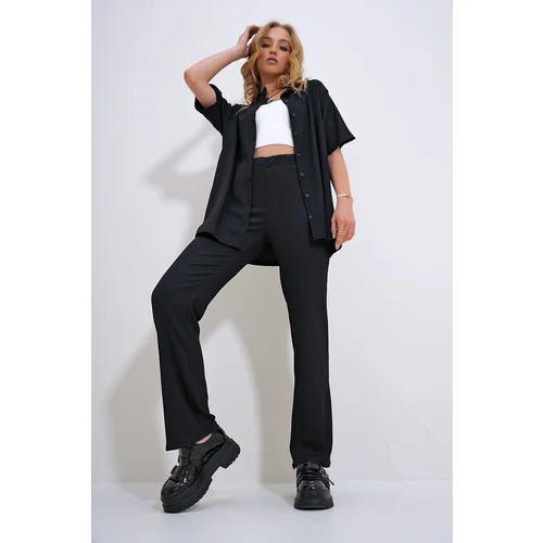 Trend Alaçatı Stili Women's Black Boy Friend Shirt and High Waist Trousers Wrap Suit