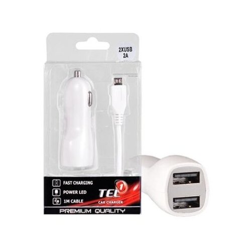  Auto Punjač za mobitel Tel1 2xUSB 2A WHITE + MicroUSB cable Slike