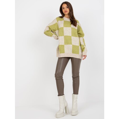 Fashion Hunters Light green and beige oversize sweater with a round neckline Slike