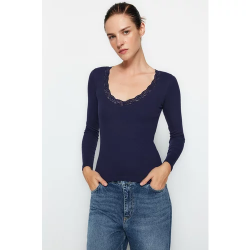 Trendyol Navy Blue V-Neck Lace Detail Ribbed Fitted/Situated Cotton Knitted Blouse in Cotton