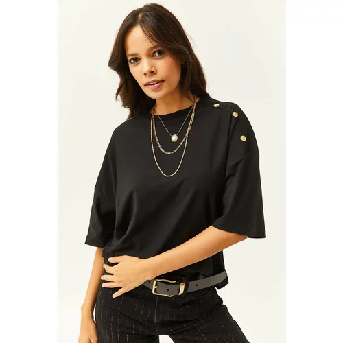 Olalook Women's Black Shoulder Gold Buttoned Cotton T-Shirt