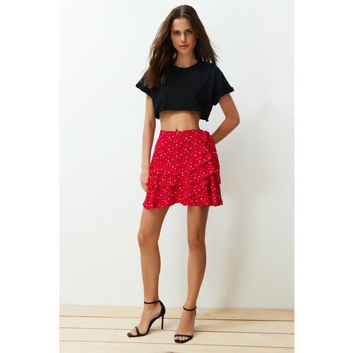 Trendyol Red Floral Pattern Viscose Mini Short Skirt Slike