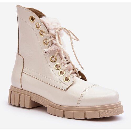Kesi Women's leather boots with fur, light beige Lewski Cene