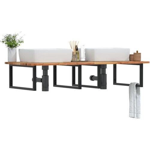  Zidna polica za umivaonik od čelika i masivnog bagremovog drva Smeđa 120 x 60 x 2 cm Slike