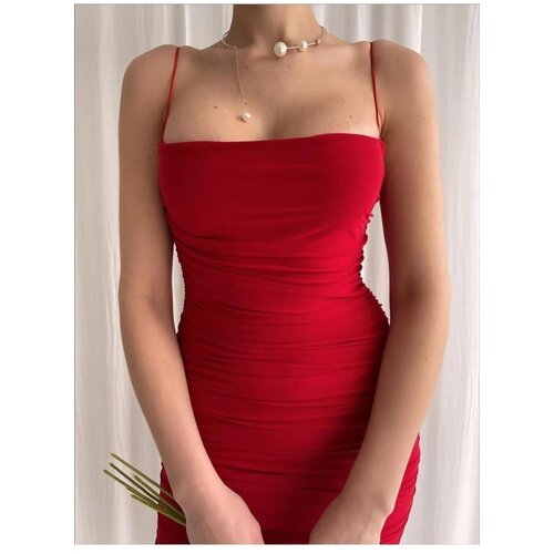 Dewberry 64500 Thin Strap Draped Midi Evening Dress-RED Cene